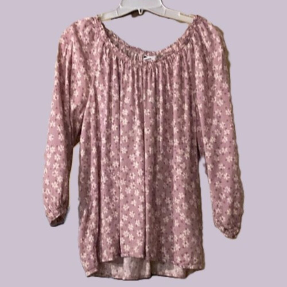 Sonoma Floral Crew Neck | Dusty Pink w/White Flowers | 3/4 Sleeves | XL